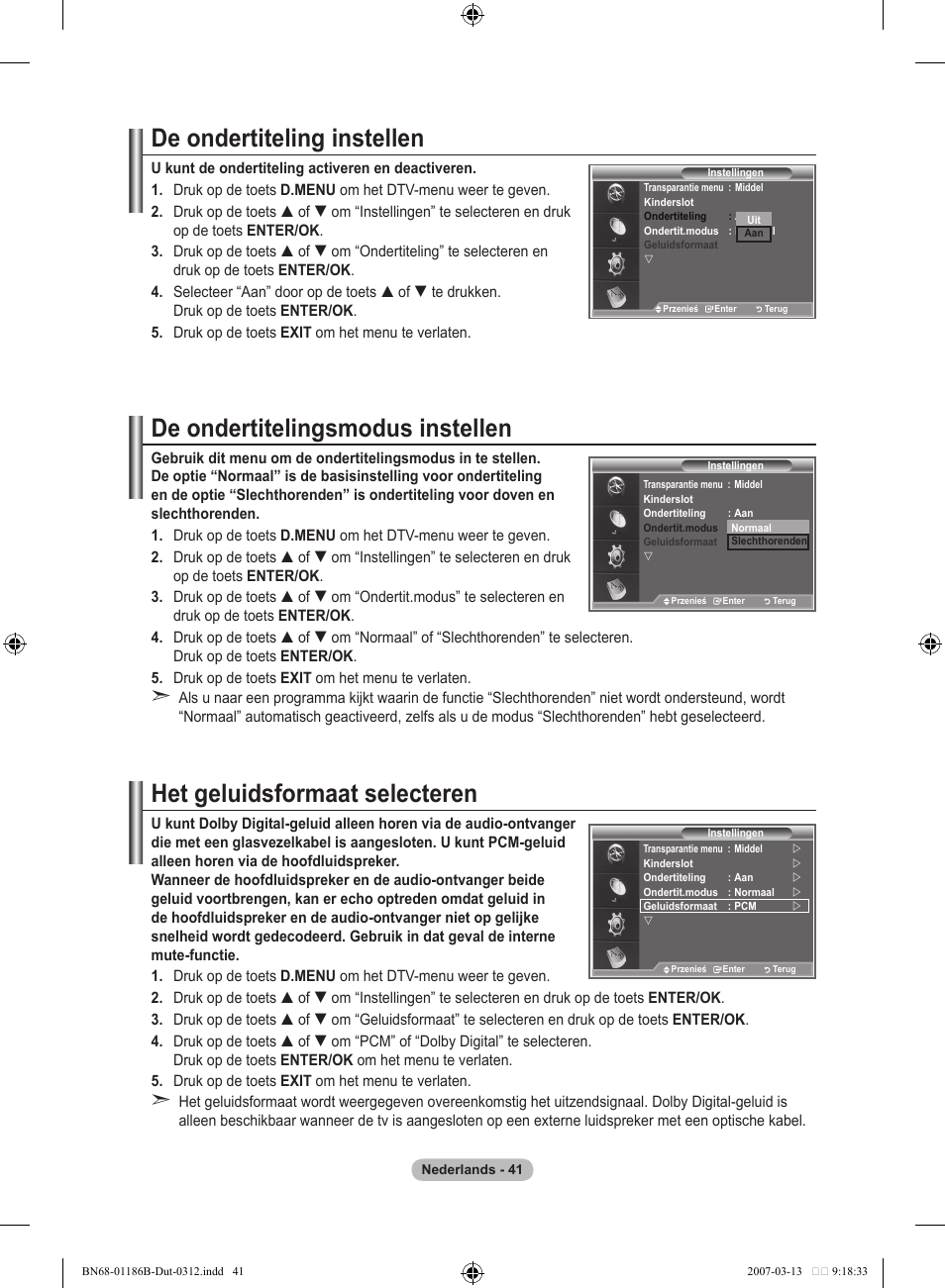 De ondertiteling instellen, De ondertitelingsmodus instellen, Het geluidsformaat selecteren | Samsung LE52M87BD User Manual | Page 229 / 498