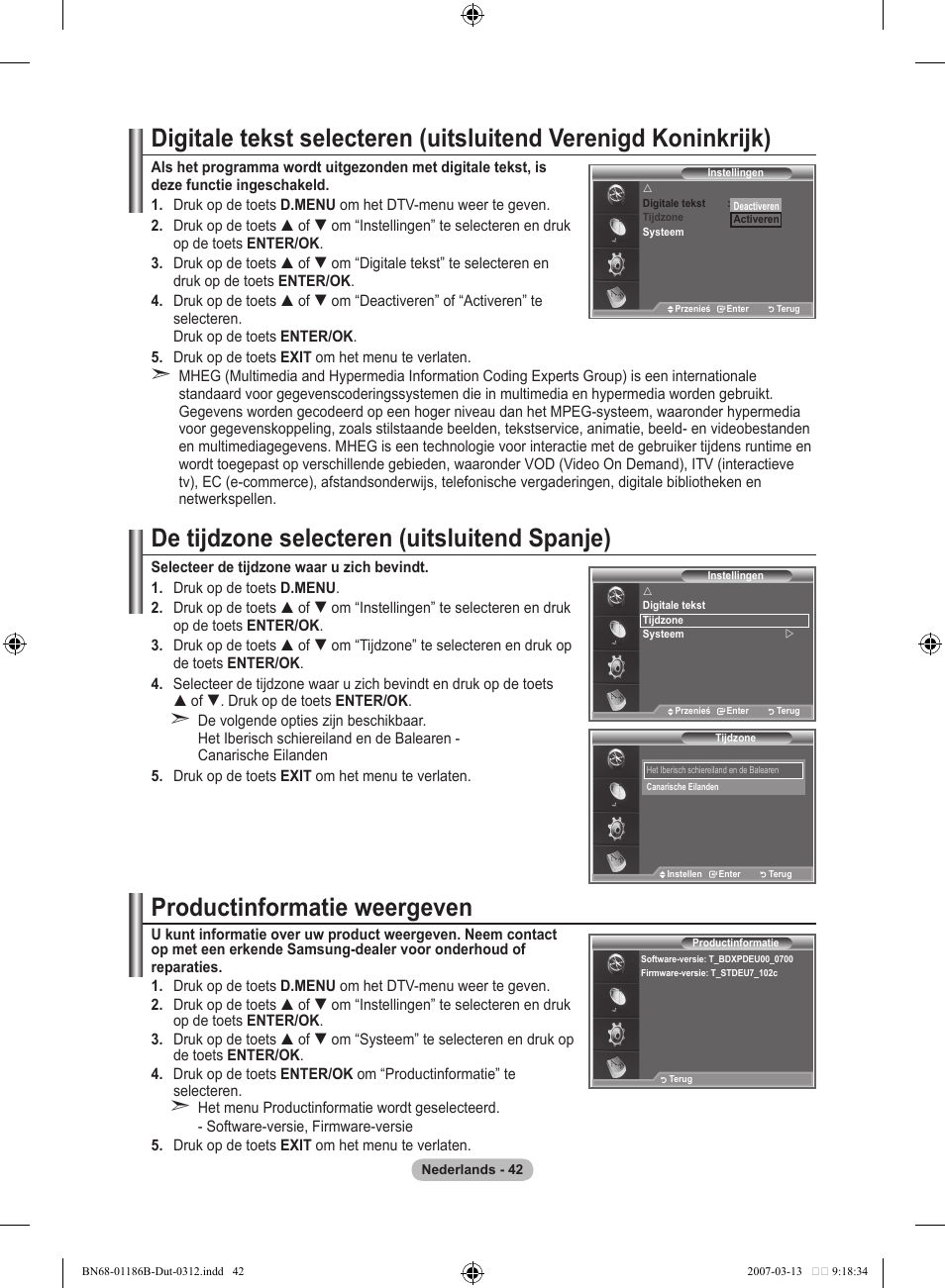 De tijdzone selecteren (uitsluitend spanje), Productinformatie weergeven | Samsung LE52M87BD User Manual | Page 230 / 498