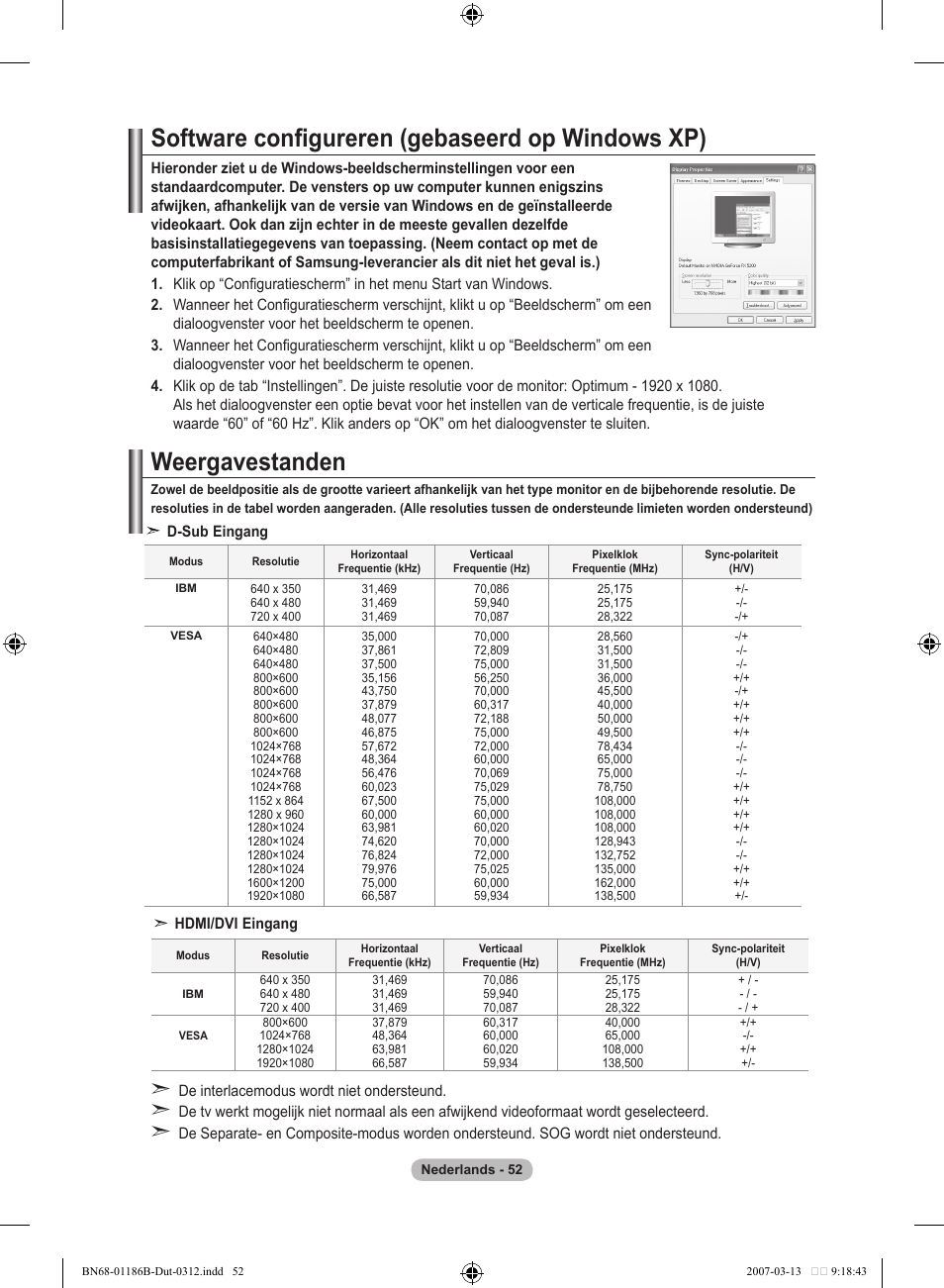 Software configureren (gebaseerd op windows xp), Weergavestanden | Samsung LE52M87BD User Manual | Page 240 / 498