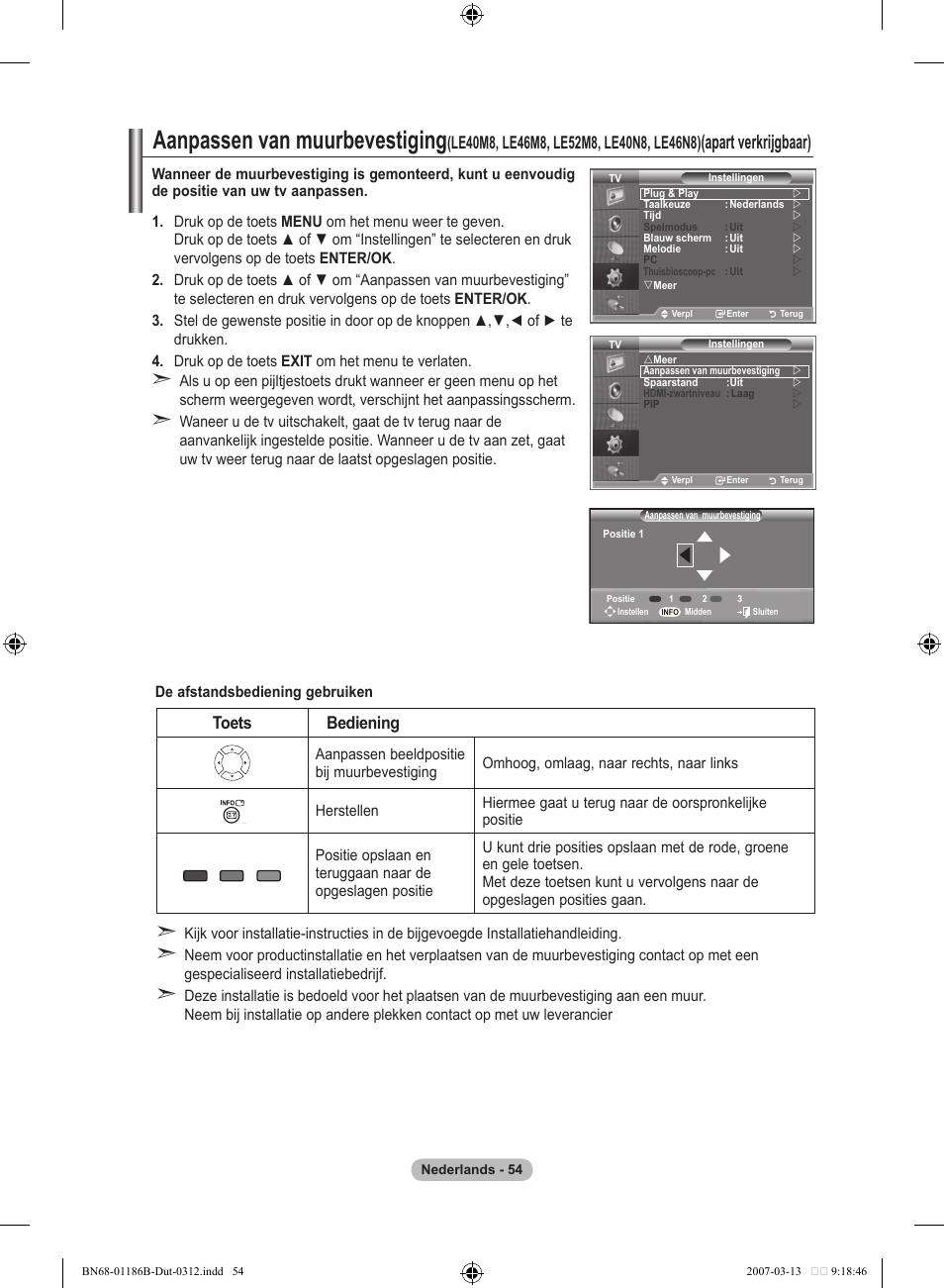 Aanpassen van muurbevestiging, Apart verkrijgbaar), Toets bediening | Samsung LE52M87BD User Manual | Page 242 / 498