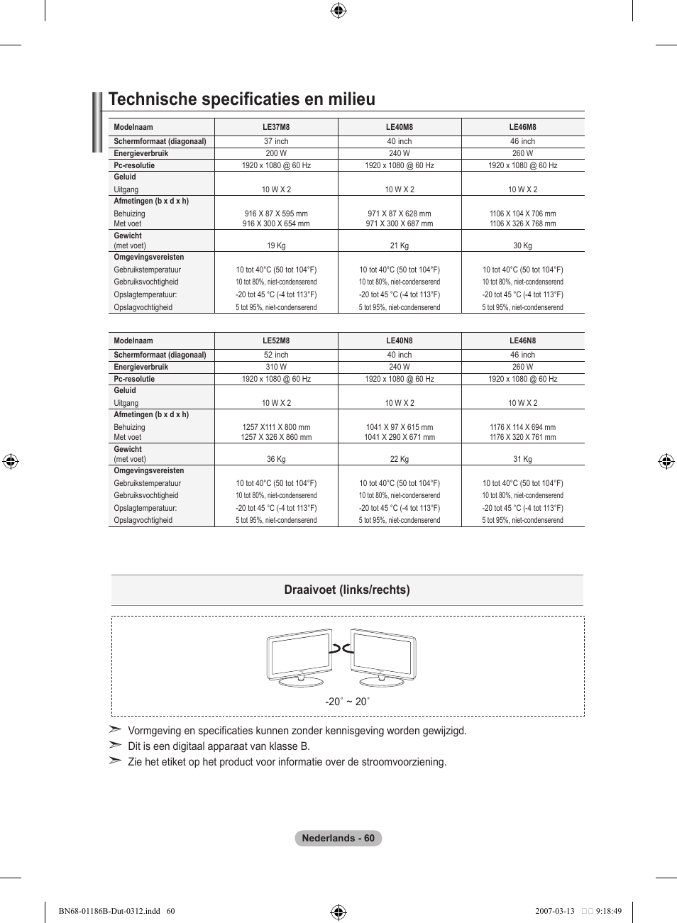Technische specificaties en milieu, Draaivoet (links/rechts) | Samsung LE52M87BD User Manual | Page 248 / 498