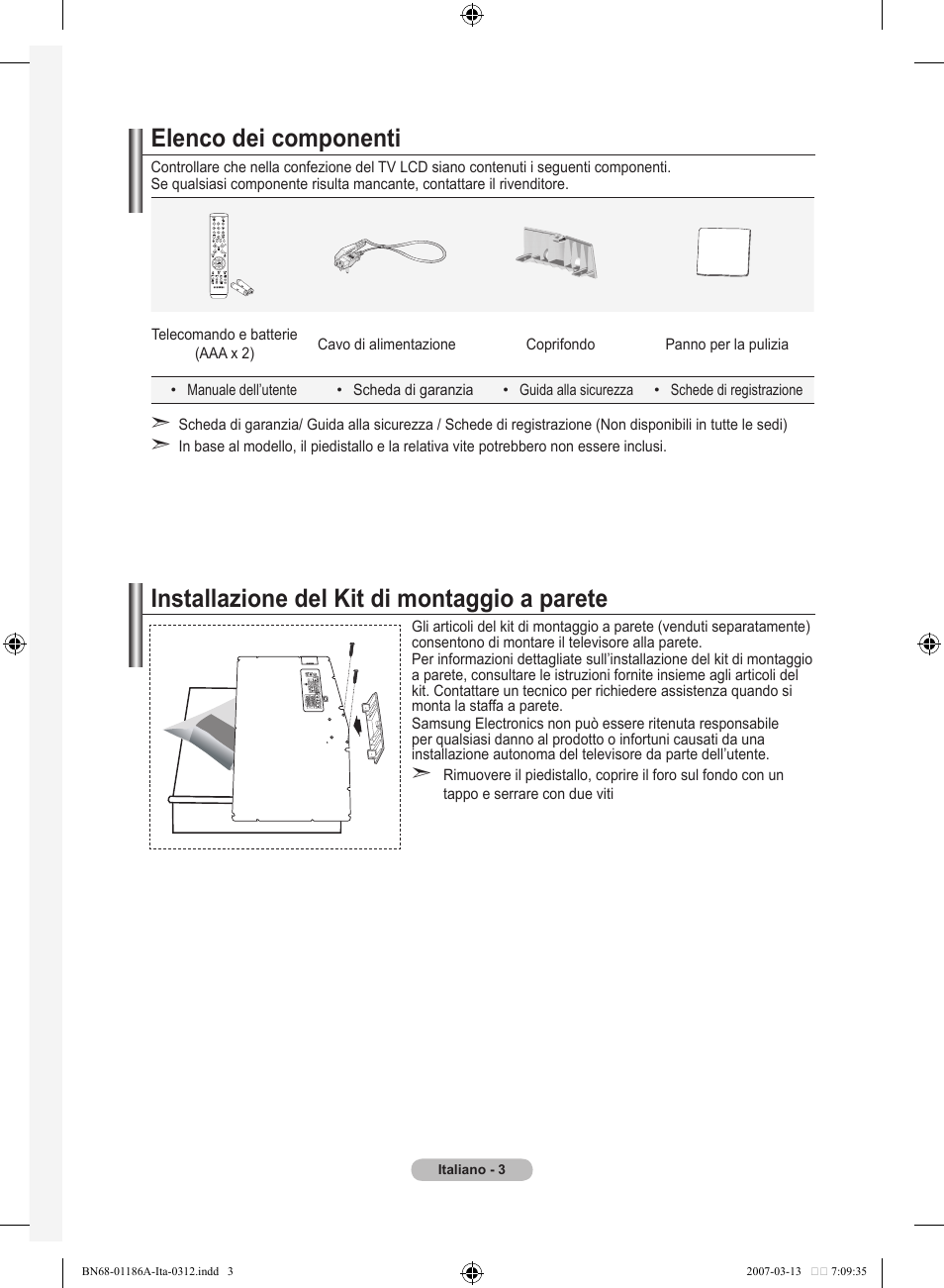 Elenco dei componenti, Installazione del kit di montaggio a parete | Samsung LE52M87BD User Manual | Page 253 / 498