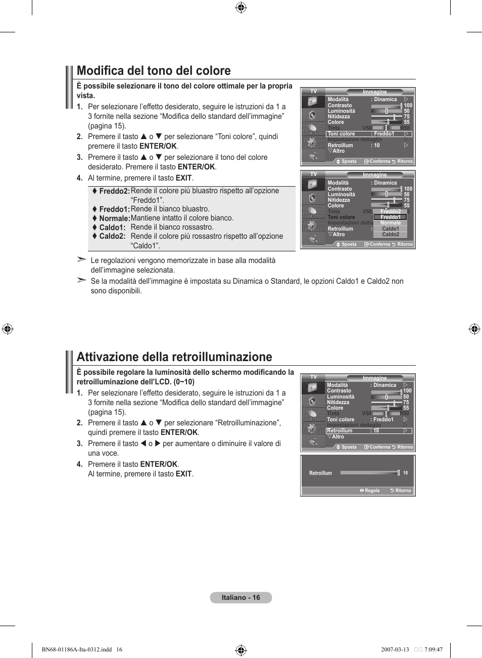 Modifica del tono del colore, Attivazione della retroilluminazione | Samsung LE52M87BD User Manual | Page 266 / 498