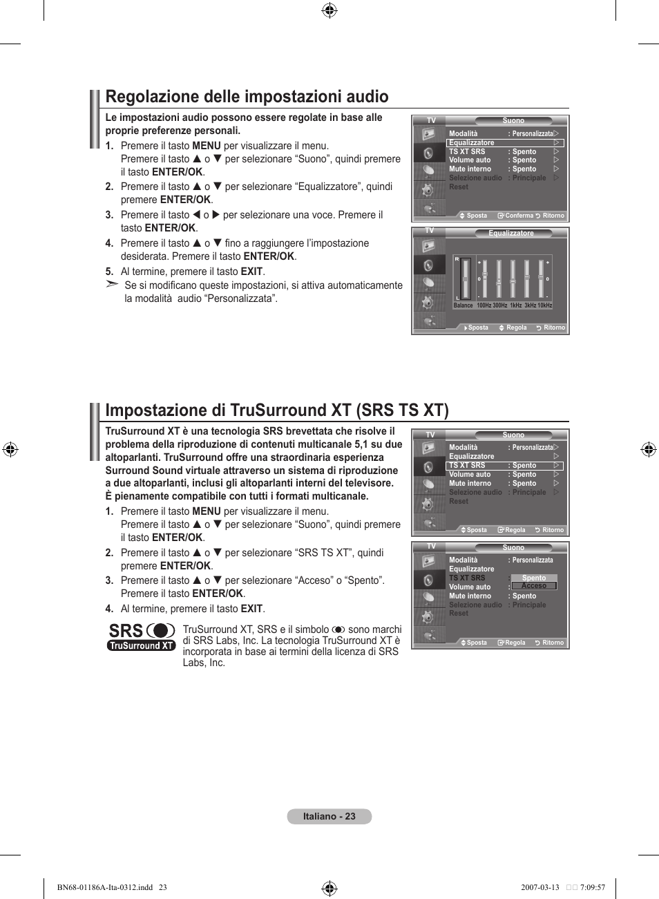 Regolazione delle impostazioni audio, Impostazione di trusurround xt (srs ts xt) | Samsung LE52M87BD User Manual | Page 273 / 498