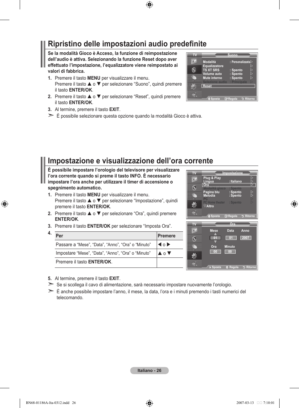 Ripristino delle impostazioni audio predefinite, Impostazione e visualizzazione dell’ora corrente | Samsung LE52M87BD User Manual | Page 276 / 498