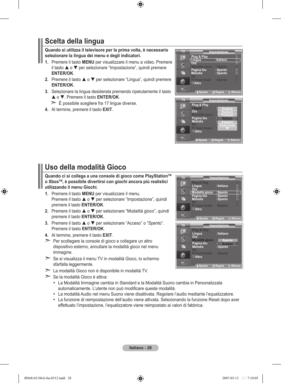 Scelta della lingua, Uso della modalità gioco | Samsung LE52M87BD User Manual | Page 278 / 498