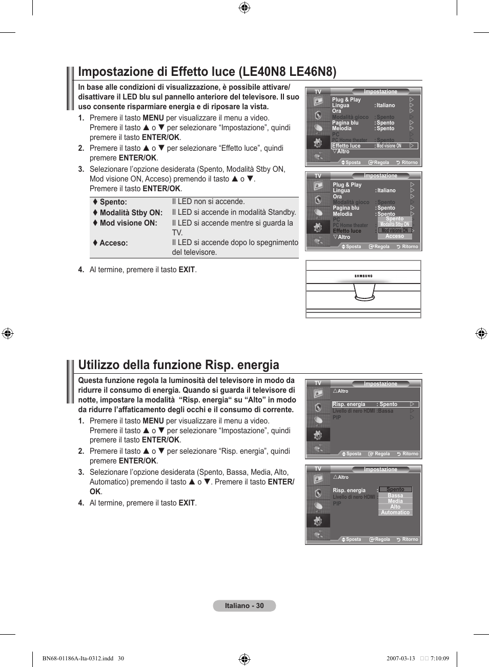 Impostazione di effetto luce (le0n8 le6n8), Utilizzo della funzione risp. energia | Samsung LE52M87BD User Manual | Page 280 / 498