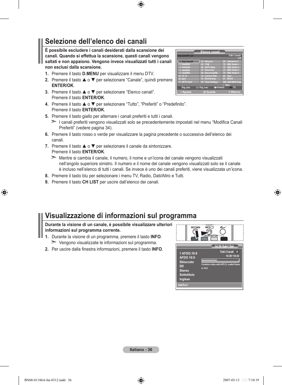 Selezione dell’elenco dei canali, Visualizzazione di informazioni sul programma | Samsung LE52M87BD User Manual | Page 286 / 498