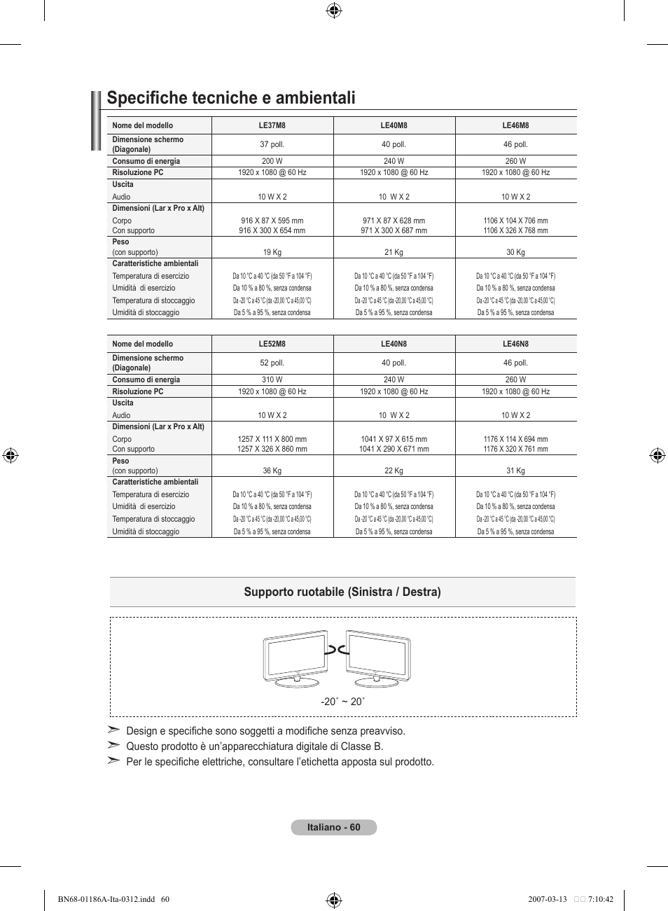 Specifiche tecniche e ambientali, Supporto ruotabile (sinistra / destra) | Samsung LE52M87BD User Manual | Page 310 / 498