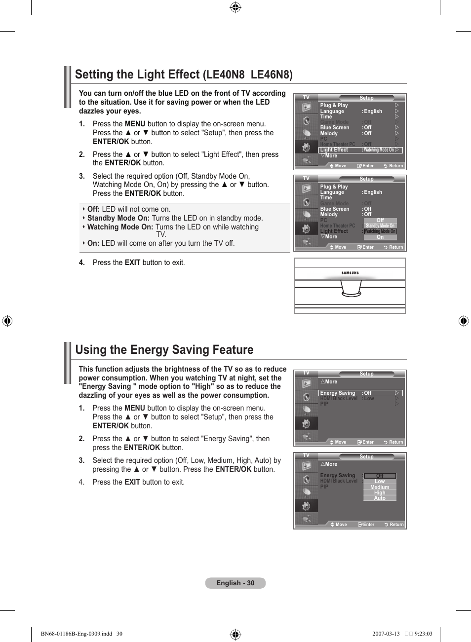 Setting the light effect (le40n8 le46n8), Using the energy saving feature, Setting the light effect | Le0n8 le6n8) | Samsung LE52M87BD User Manual | Page 32 / 498