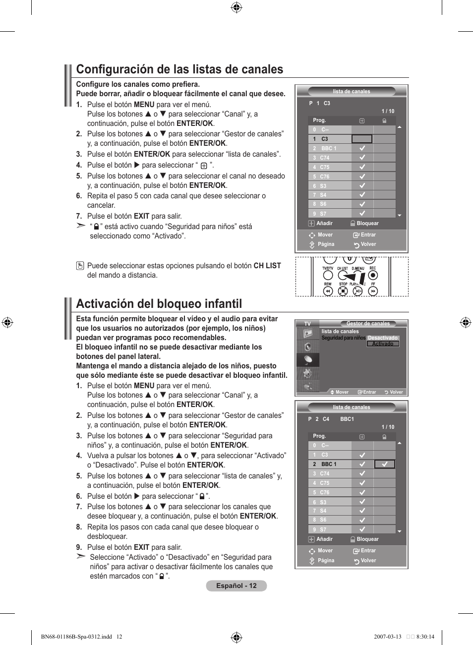 Configuración de las listas de canales, Activación del bloqueo infantil | Samsung LE52M87BD User Manual | Page 324 / 498