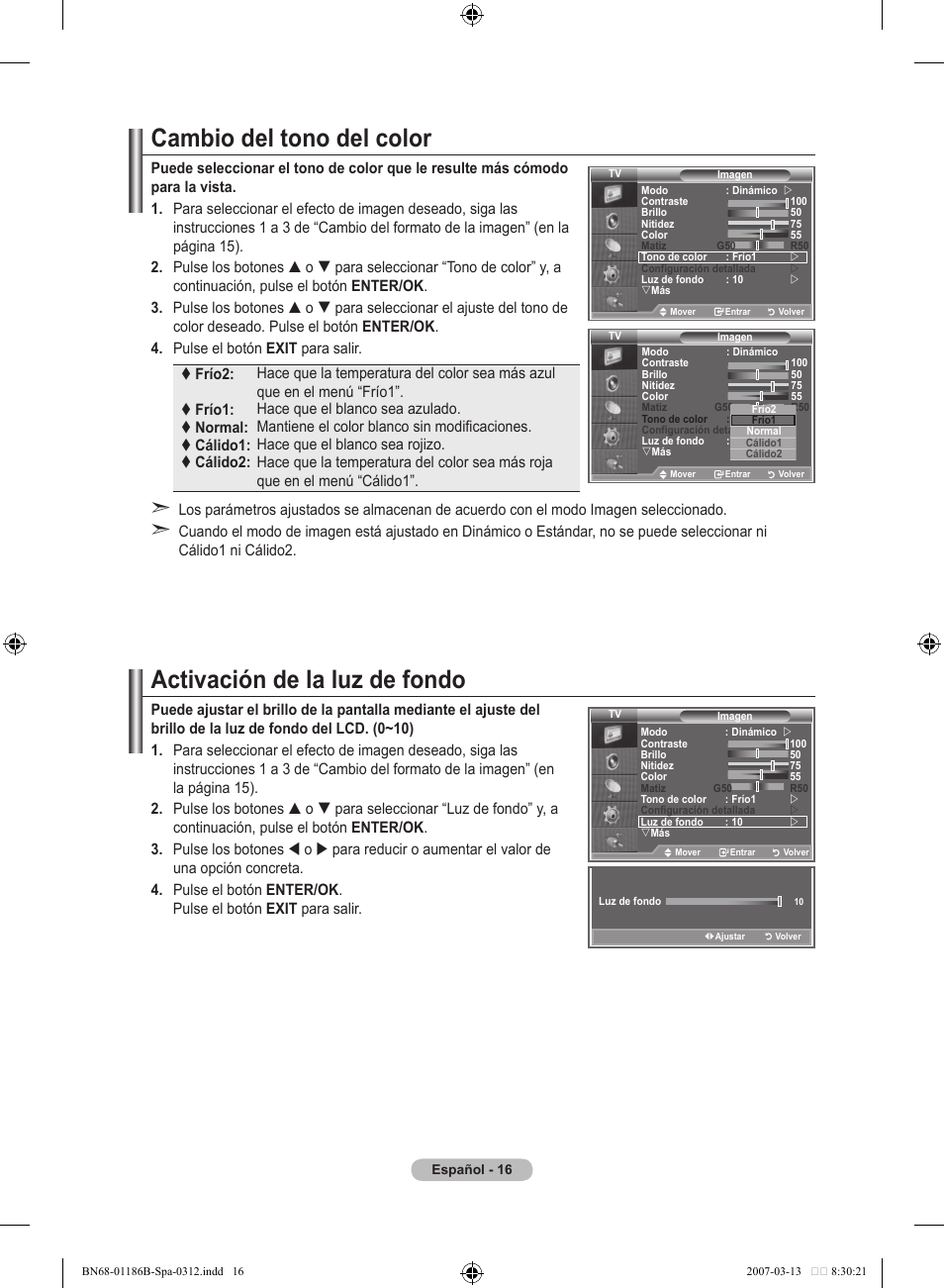 Cambio del tono del color, Activación de la luz de fondo | Samsung LE52M87BD User Manual | Page 328 / 498