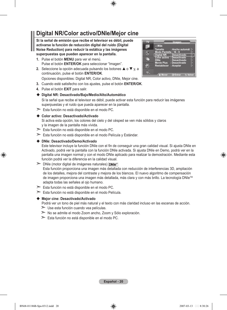 Digital nr/color activo/dnie/mejor cine | Samsung LE52M87BD User Manual | Page 332 / 498