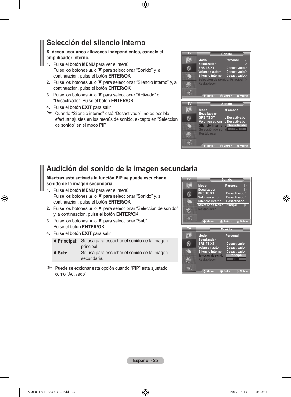 Selección del silencio interno, Audición del sonido de la imagen secundaria | Samsung LE52M87BD User Manual | Page 337 / 498