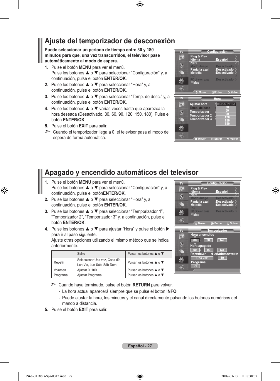 Ajuste del temporizador de desconexión, Apagado y encendido automáticos del televisor | Samsung LE52M87BD User Manual | Page 339 / 498