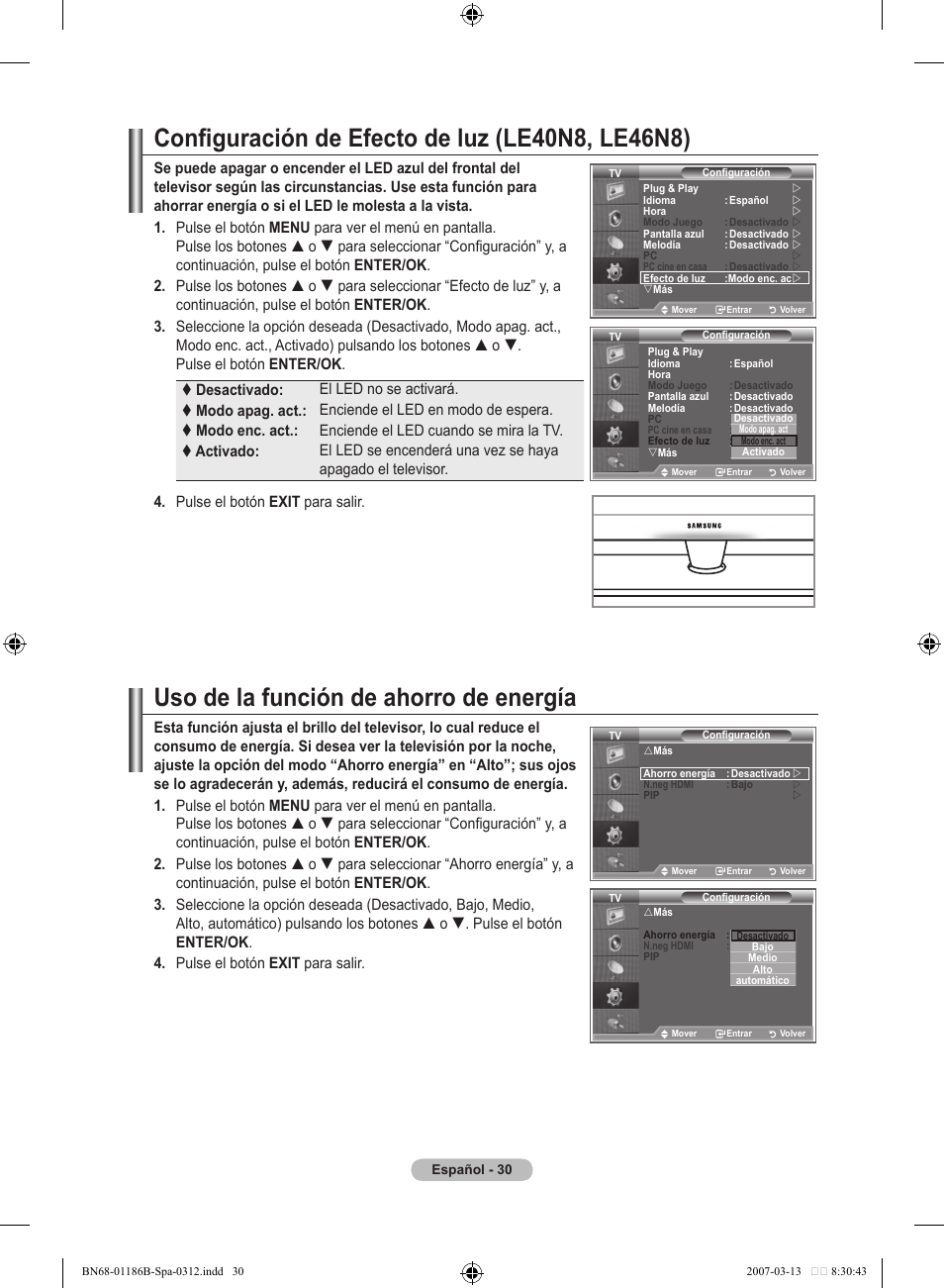 Uso de la función de ahorro de energía | Samsung LE52M87BD User Manual | Page 342 / 498