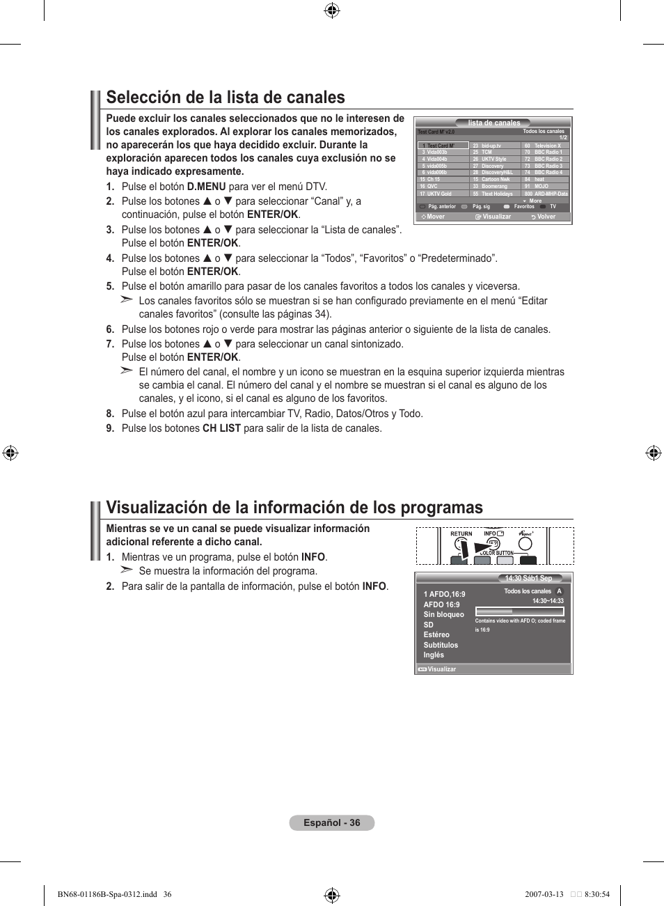 Selección de la lista de canales, Visualización de la información de los programas | Samsung LE52M87BD User Manual | Page 348 / 498