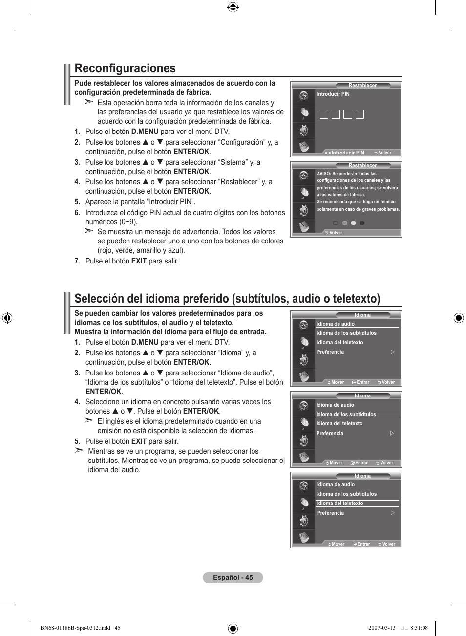 Reconfiguraciones | Samsung LE52M87BD User Manual | Page 357 / 498