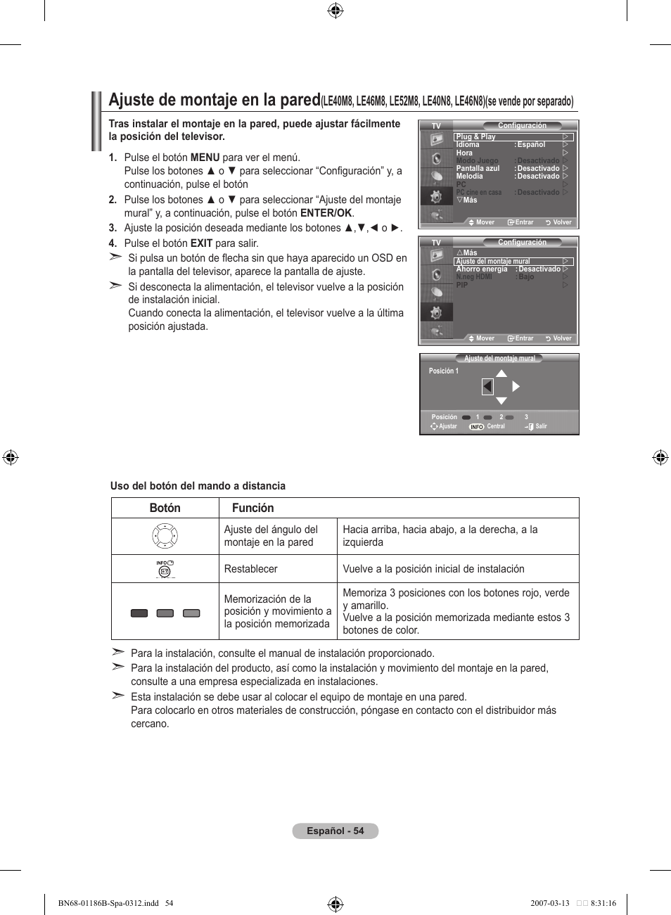 Ajuste de montaje en la pared, Botón función | Samsung LE52M87BD User Manual | Page 366 / 498