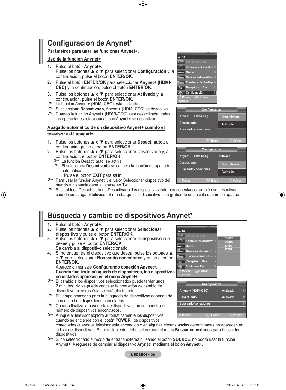 Configuración de anynet, Búsqueda y cambio de dispositivos anynet | Samsung LE52M87BD User Manual | Page 368 / 498