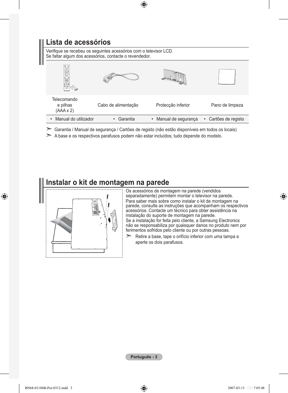 Lista de acessórios, Instalar o kit de montagem na parede | Samsung LE52M87BD User Manual | Page 377 / 498