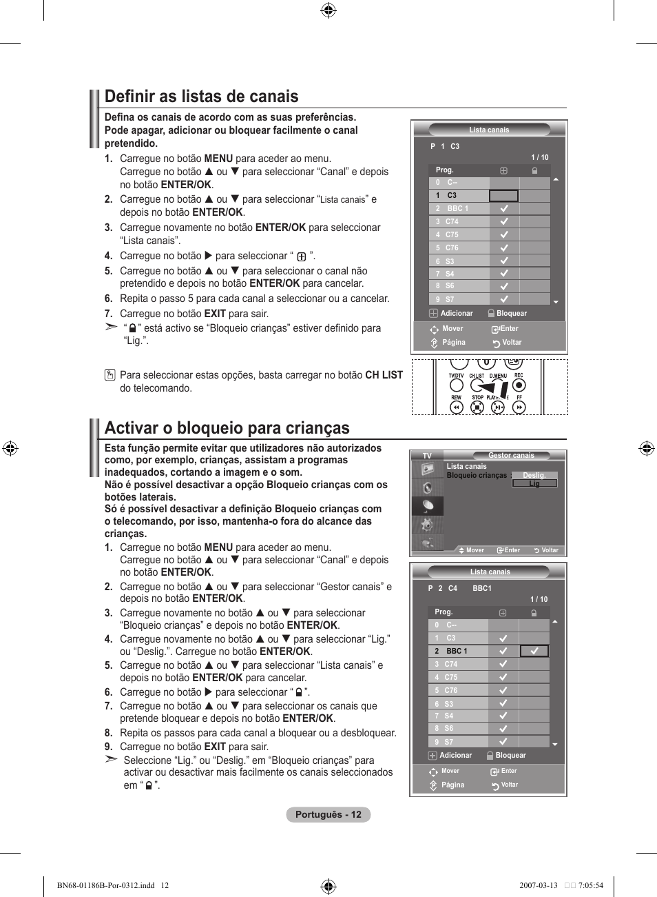 Definir as listas de canais, Activar o bloqueio para crianças | Samsung LE52M87BD User Manual | Page 386 / 498