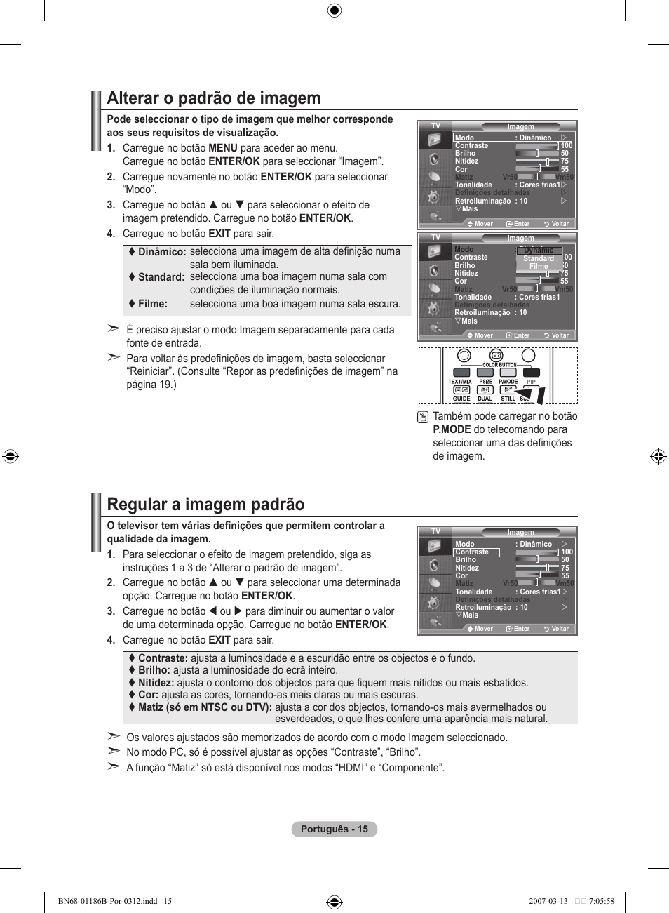 Alterar o padrão de imagem, Regular a imagem padrão | Samsung LE52M87BD User Manual | Page 389 / 498