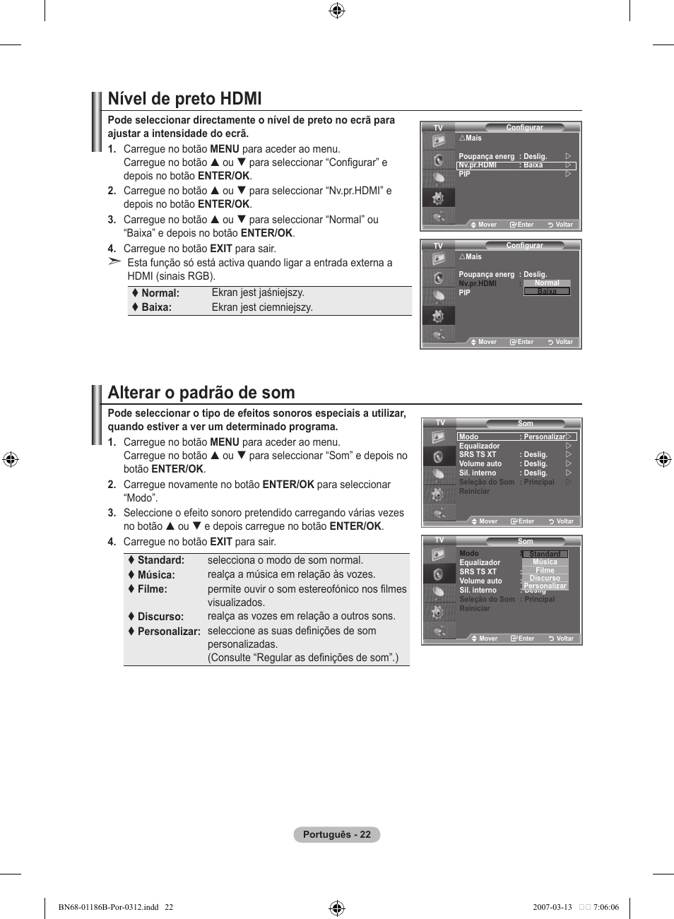 Nível de preto hdmi, Alterar o padrão de som | Samsung LE52M87BD User Manual | Page 396 / 498