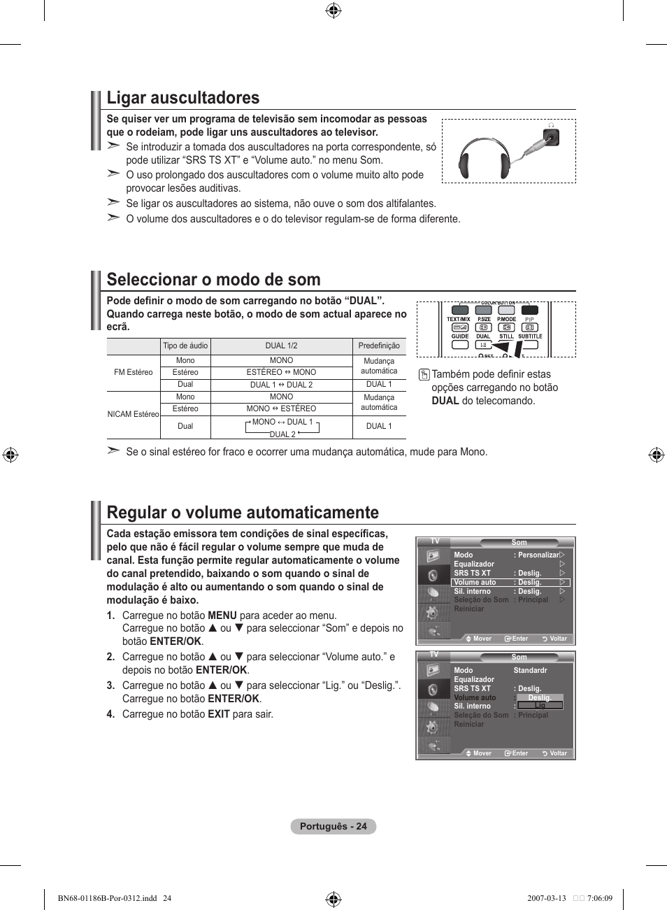 Ligar auscultadores, Seleccionar o modo de som, Regular o volume automaticamente | Samsung LE52M87BD User Manual | Page 398 / 498