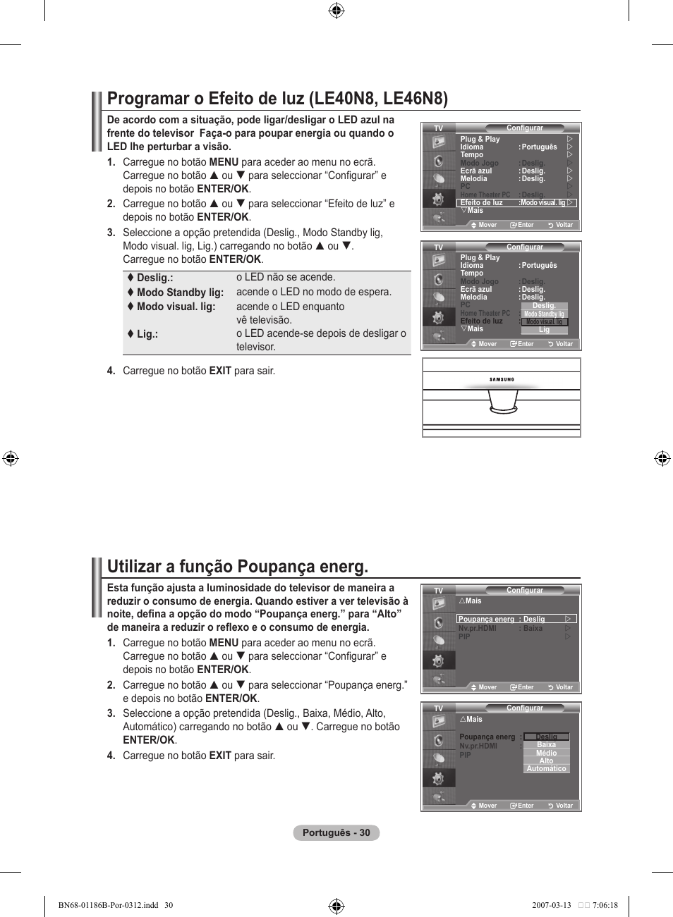 Programar o efeito de luz (le0n8, le6n8), Utilizar a função poupança energ | Samsung LE52M87BD User Manual | Page 404 / 498