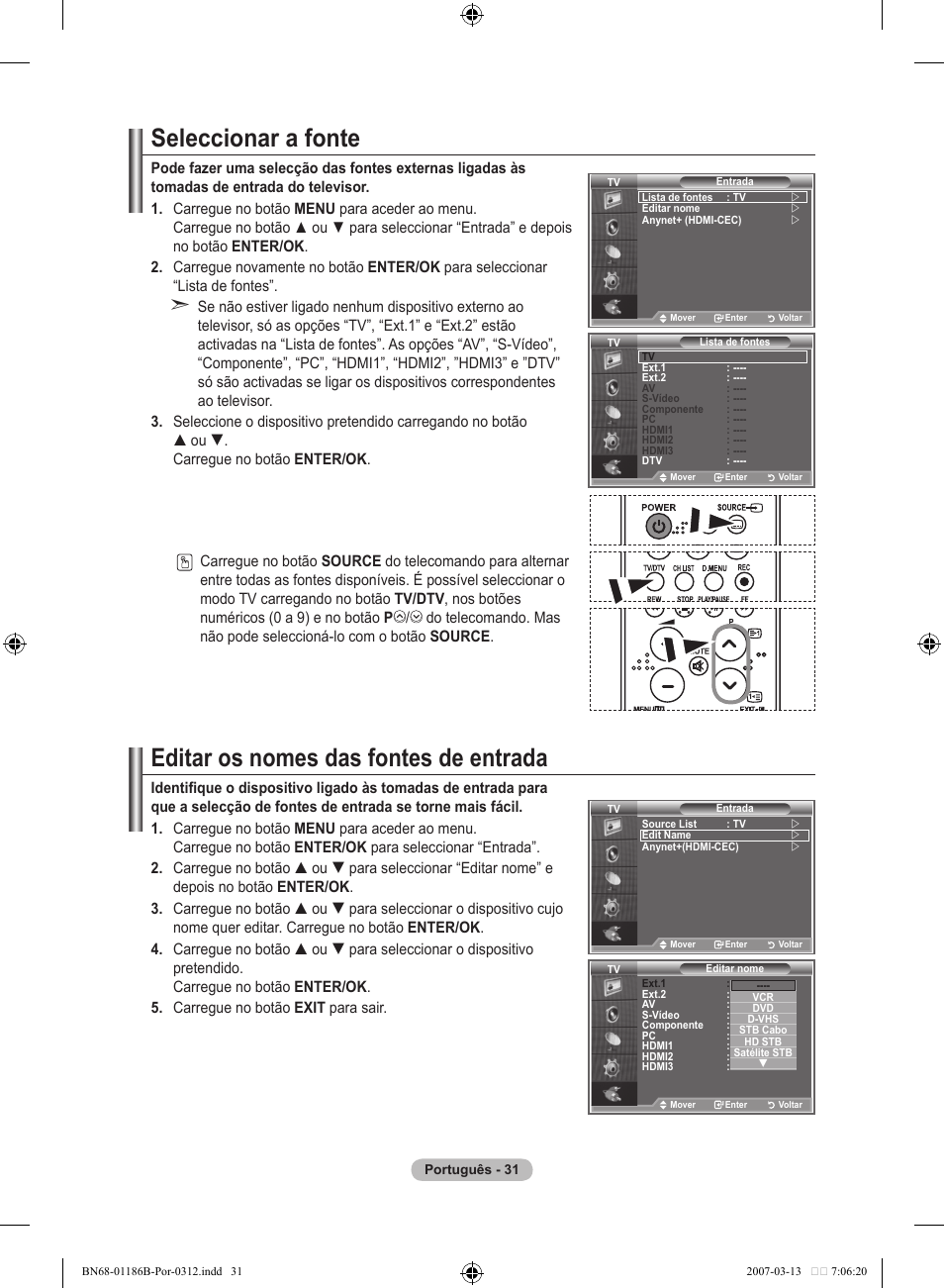 Seleccionar a fonte, Editar os nomes das fontes de entrada | Samsung LE52M87BD User Manual | Page 405 / 498