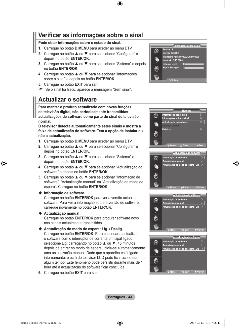 Verificar as informações sobre o sinal, Actualizar o software | Samsung LE52M87BD User Manual | Page 417 / 498