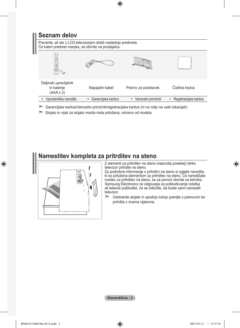 Seznam delov, Namestitev kompleta za pritrditev na steno | Samsung LE52M87BD User Manual | Page 439 / 498