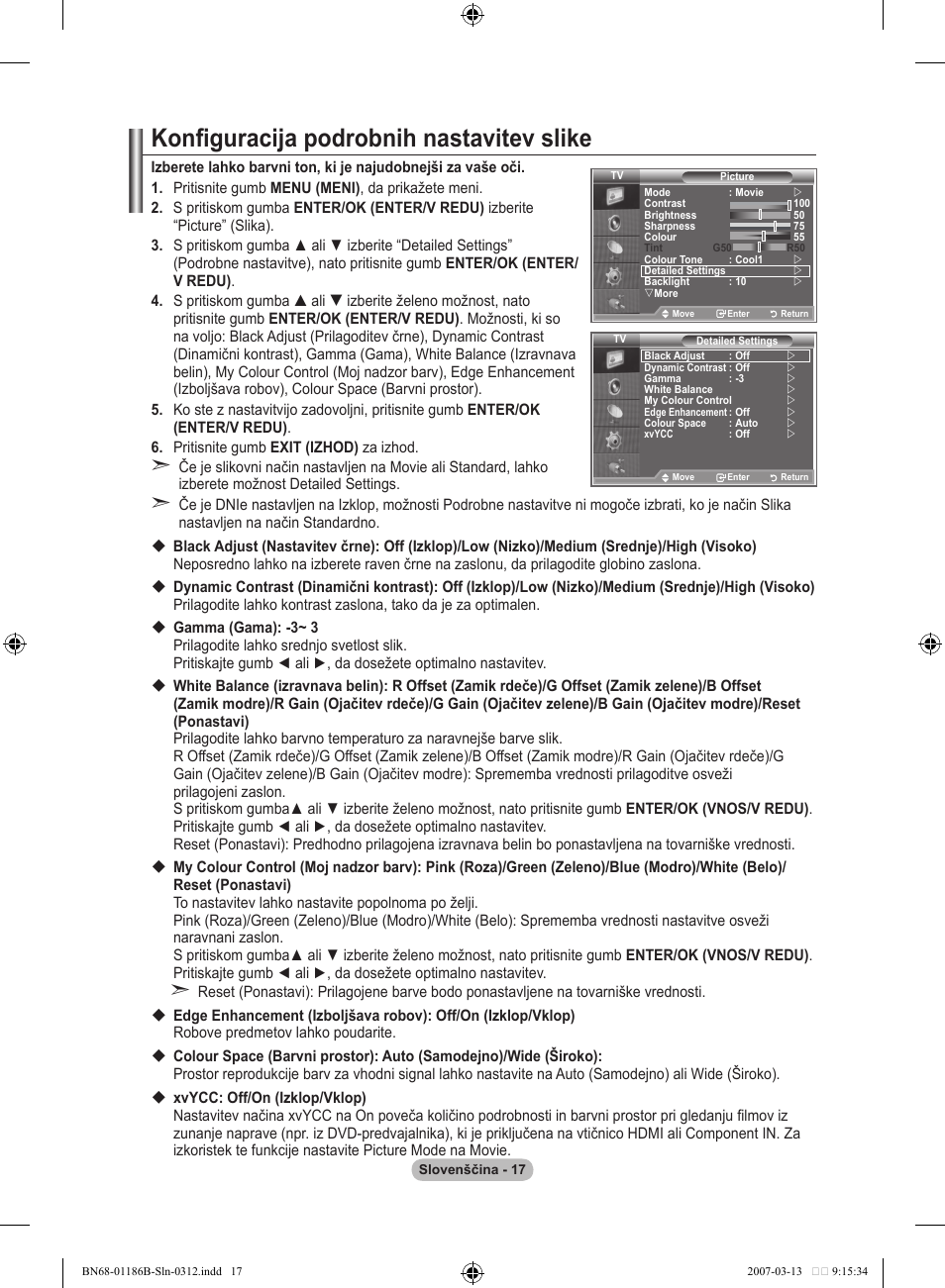 Konfiguracija podrobnih nastavitev slike | Samsung LE52M87BD User Manual | Page 453 / 498