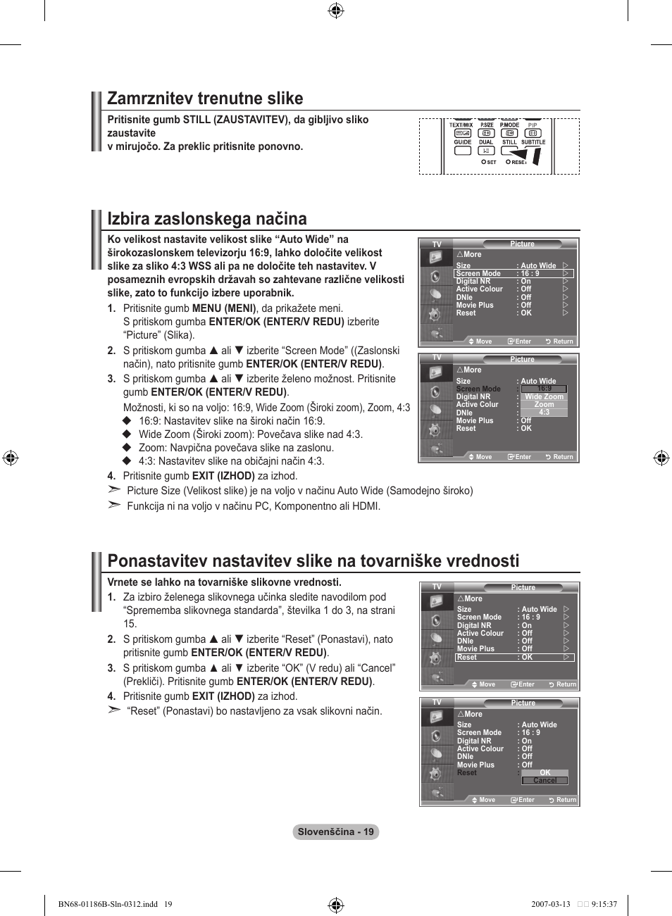 Zamrznitev trenutne slike, Izbira zaslonskega načina | Samsung LE52M87BD User Manual | Page 455 / 498