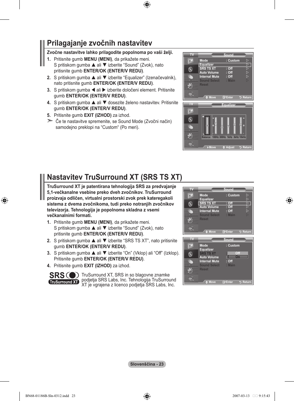 Prilagajanje zvočnih nastavitev, Nastavitev trusurround xt (srs ts xt) | Samsung LE52M87BD User Manual | Page 459 / 498