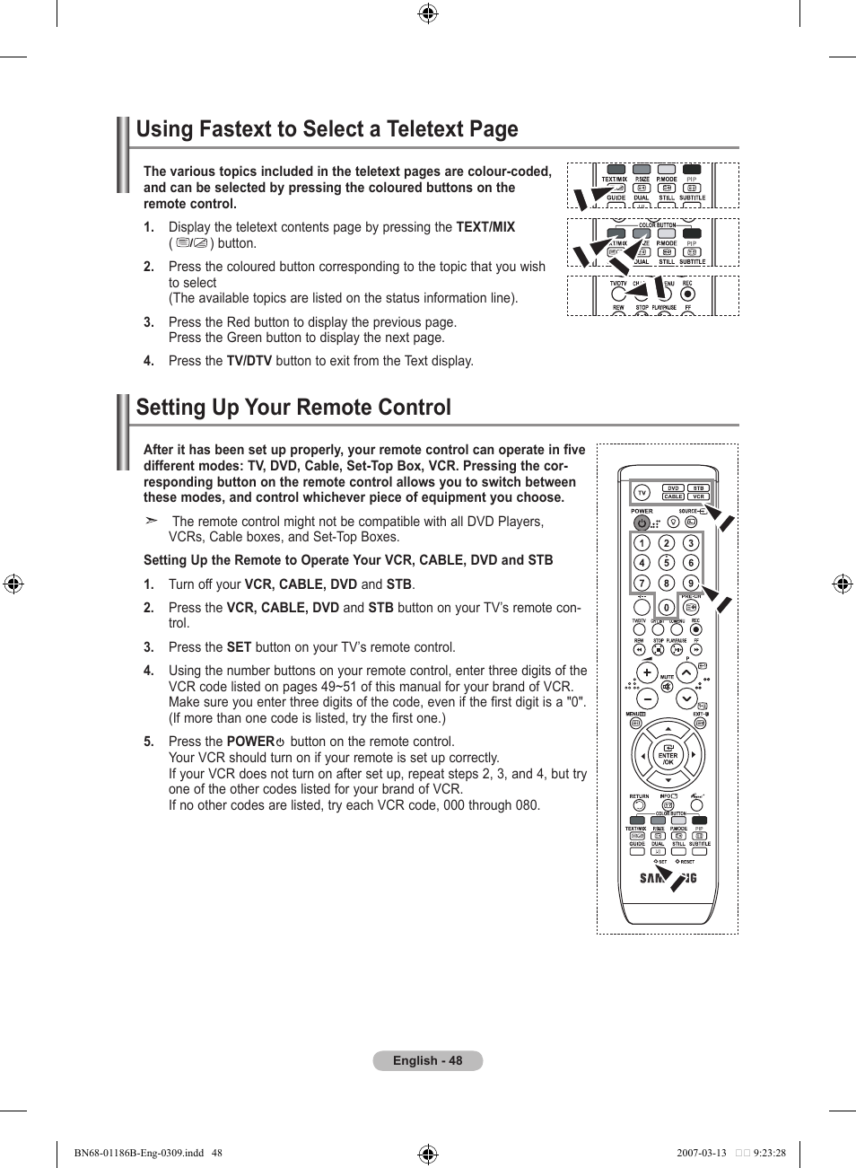 Setting up your remote control, Using fastext to select a teletext page | Samsung LE52M87BD User Manual | Page 50 / 498