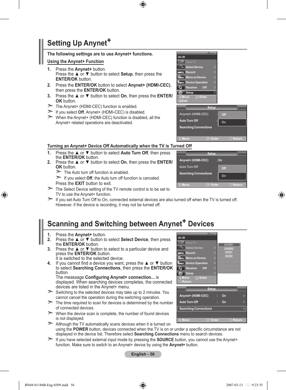 Setting up anynet, Scanning and switching between anynet+ devices | Samsung LE52M87BD User Manual | Page 58 / 498