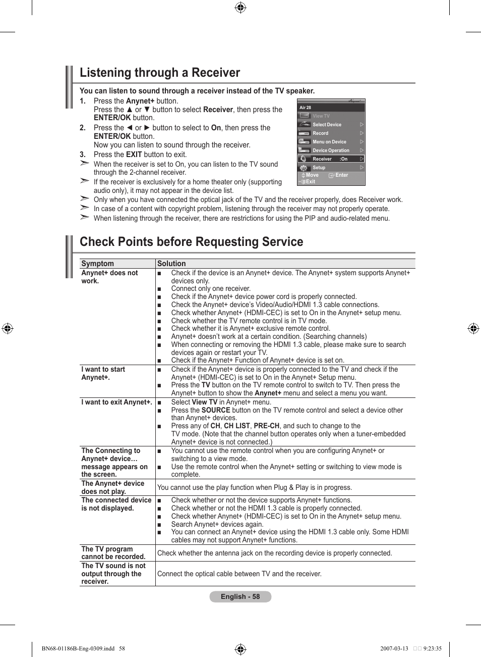 Listening through a receiver, Check points before requesting service | Samsung LE52M87BD User Manual | Page 60 / 498