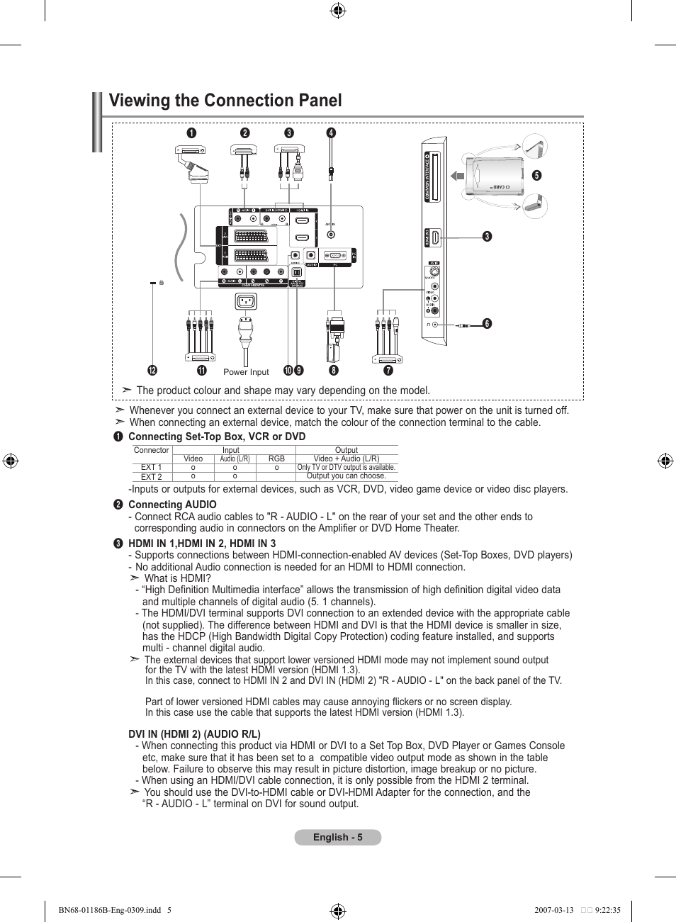 Viewing the connection panel | Samsung LE52M87BD User Manual | Page 7 / 498