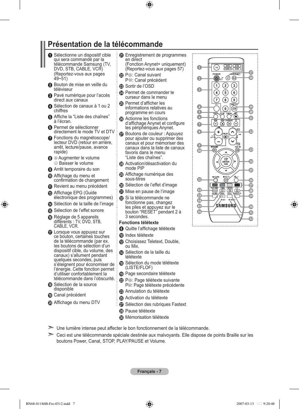 Présentation de la télécommande | Samsung LE52M87BD User Manual | Page 71 / 498