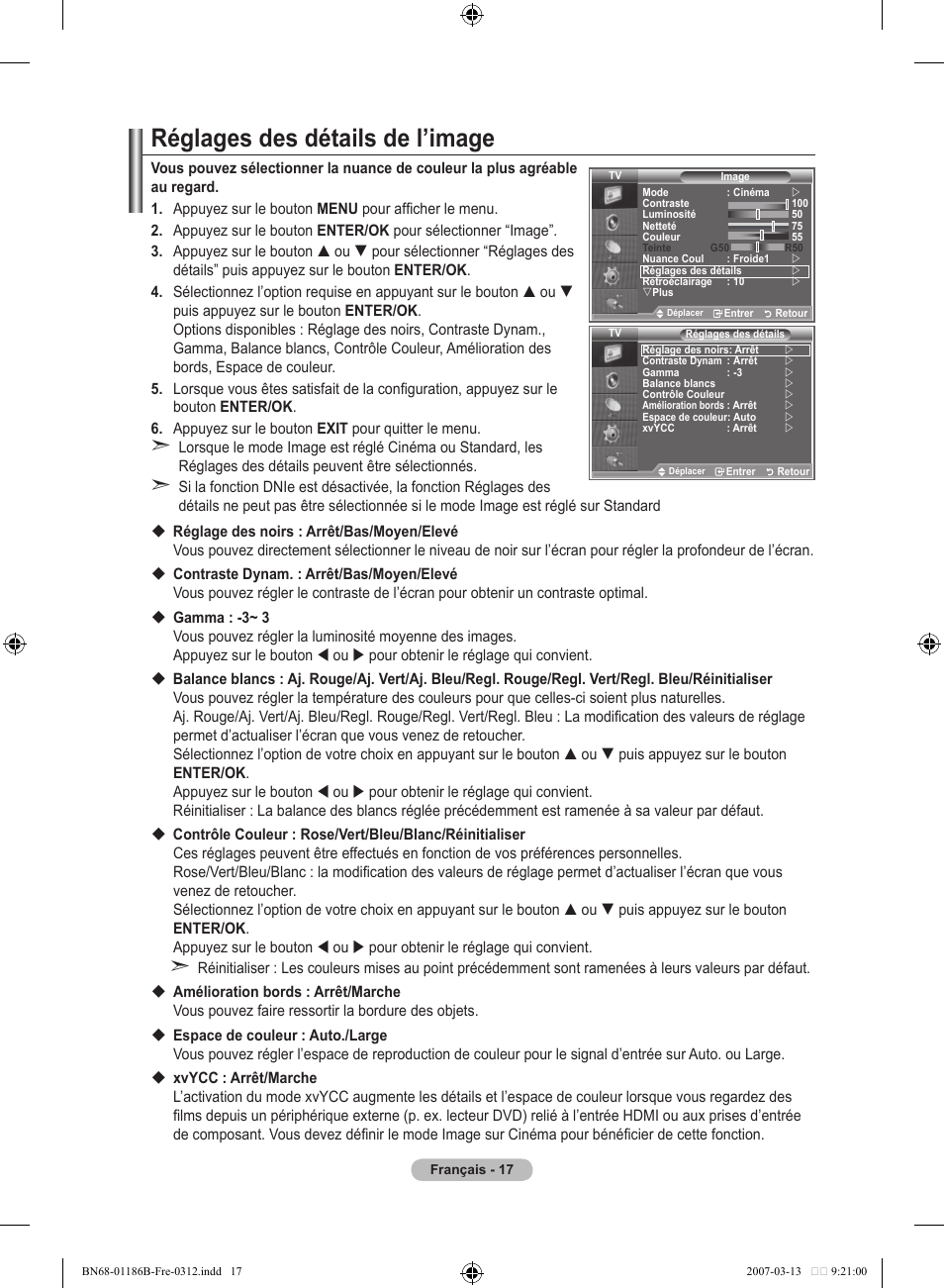 Réglages des détails de l’image | Samsung LE52M87BD User Manual | Page 81 / 498