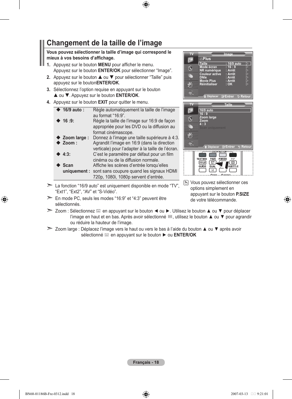 Changement de la taille de l’image | Samsung LE52M87BD User Manual | Page 82 / 498