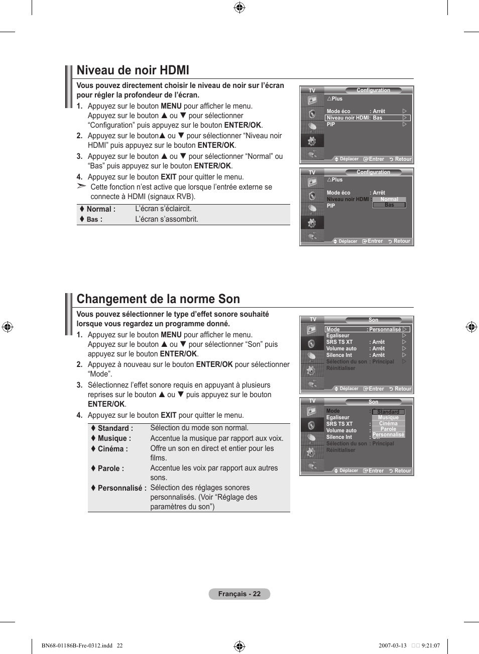 Niveau de noir hdmi, Changement de la norme son | Samsung LE52M87BD User Manual | Page 86 / 498