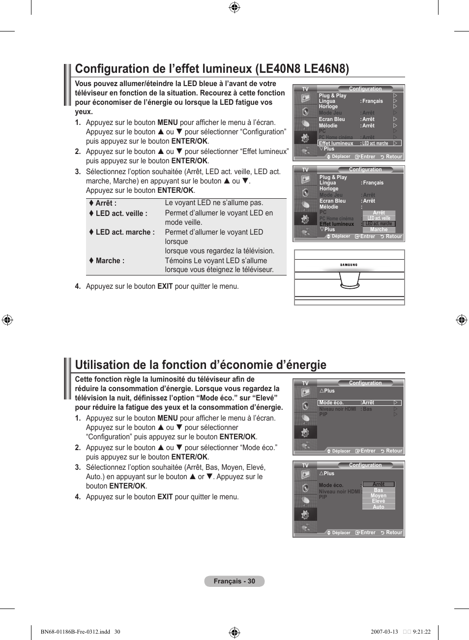 Utilisation de la fonction d’économie d’énergie | Samsung LE52M87BD User Manual | Page 94 / 498