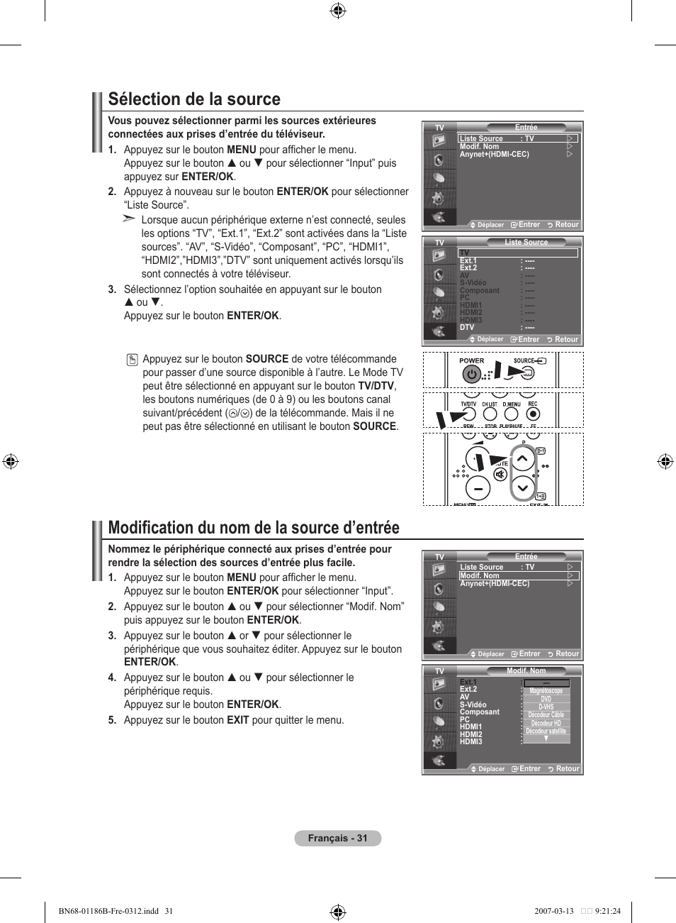 Sélection de la source, Modification du nom de la source d’entrée | Samsung LE52M87BD User Manual | Page 95 / 498