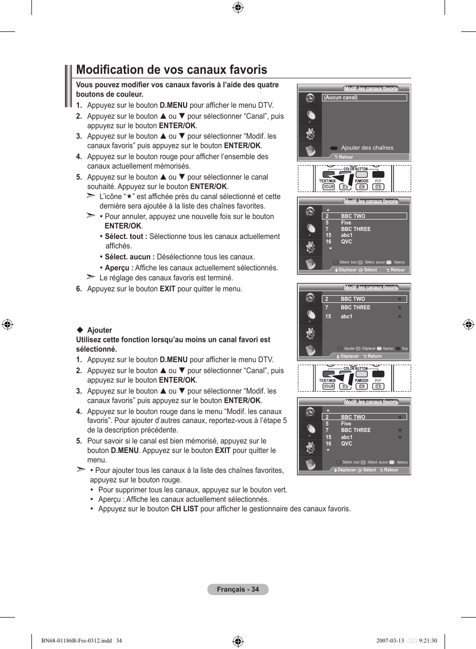 Modification de vos canaux favoris | Samsung LE52M87BD User Manual | Page 98 / 498