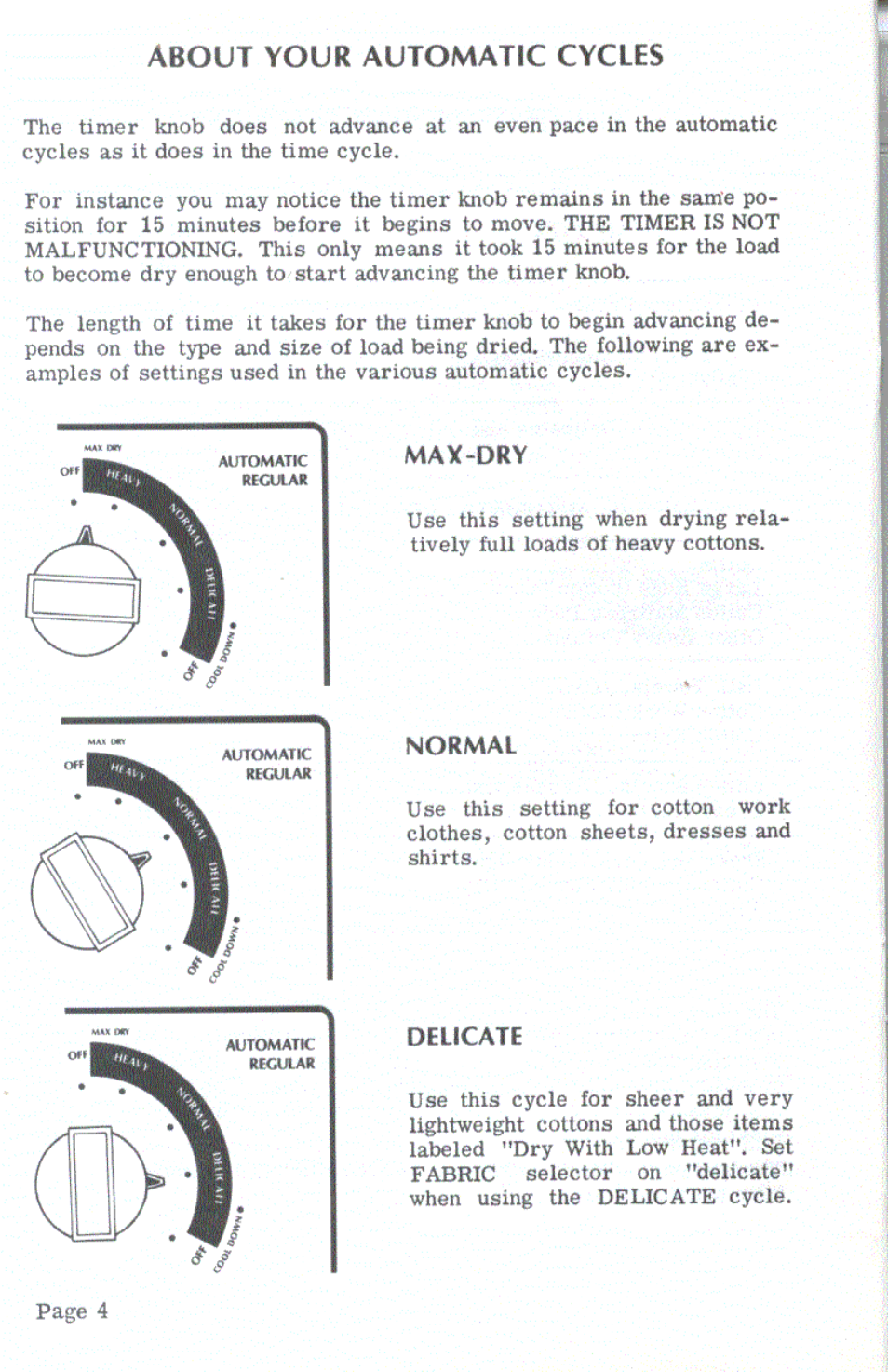 About your automatic cycles, Max-dry, Normal | Delicate | Amana TGA400 User Manual | Page 4 / 6