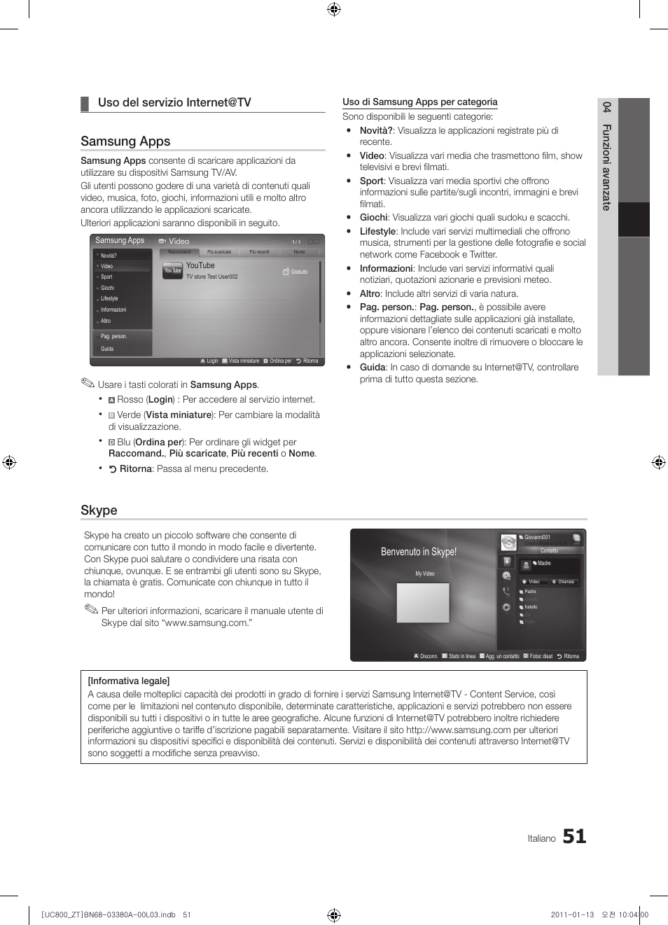 Samsung apps, Skype, Uso del servizio internet@tv | Samsung UE40S800XP User Manual | Page 115 / 192