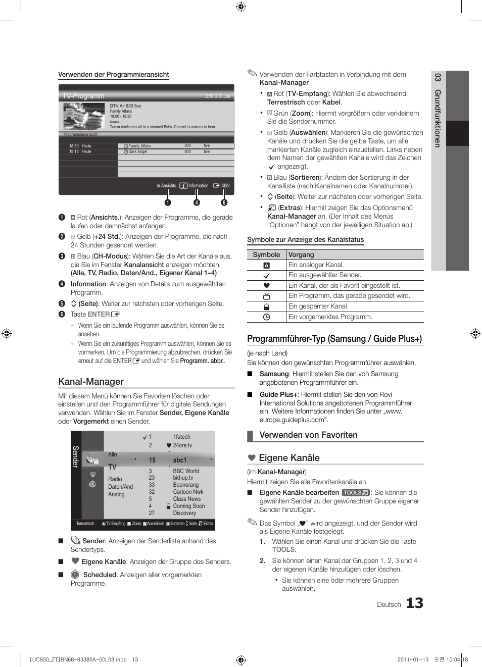 Kanal-manager, Programmführer-typ (samsung / guide plus+), Eigene kanäle | Verwenden von favoriten | Samsung UE40S800XP User Manual | Page 141 / 192